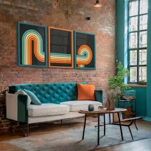 Impresiones de arte de pared estilo retro de los años 70 / Juego de pósteres de 3 piezas con líneas vintage / Rayas minimalistas y funky / Bucles curvos / Decoración del hogar para sala de estar y estudio