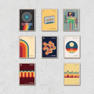 Impresiones de música retro de los años 70 y 80, relación de aspecto 3:4, juego de 8, 45 x 61 cm, descargas digitales, dance, rock, punk, new wave, electro, póster decorativo con arte mural llamativo.