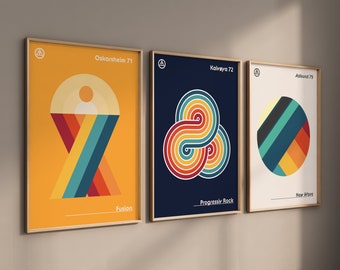 May include: Three framed art prints with retro geometric designs. The first print is orange with a colourful abstract shape and the text "Oskarsheim 71" and "Fusion". The second print is navy blue with a swirl design and the text "Kalvøya 72" and "Progressiv Rock". The third print is off-white with a circular design and the text "Aalsund 79" and "New Wave".