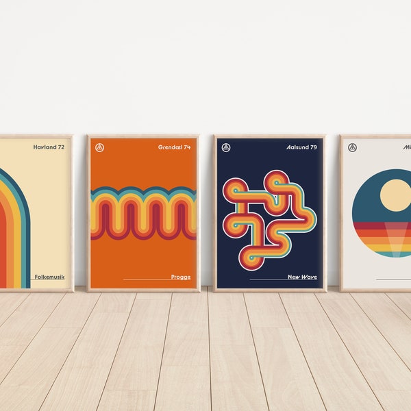 Retro Music Wall Art Prints 70s 80s Genres 4 Posters | Nordic Boho Minimalism | Festival Gigs New Wave Folk Prog Rock Electro | Home Decor