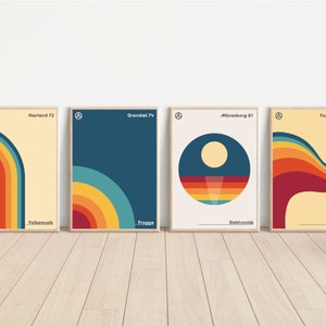 4 impresiones de pared retro / Pósteres de escenas musicales de los años 70 y 80, lugares nórdicos y escandinavos / Minimalista / Festivales de música, conciertos, géneros progresivos / Decoración de pared para el hogar