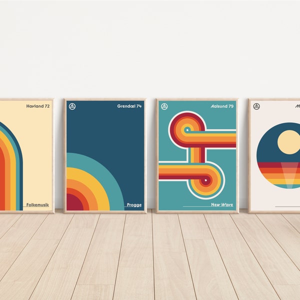 Retro Prints 70s 80s Music Posters Scandinavian inspired 4 set | Minimalist | Music Festival Gigs Genres New Wave Prog | Wall Home Art Decor