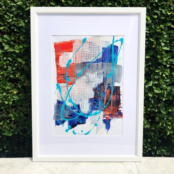 Framed Blue And Red Acrylic Abstract Painting On Paper Bright Image 0