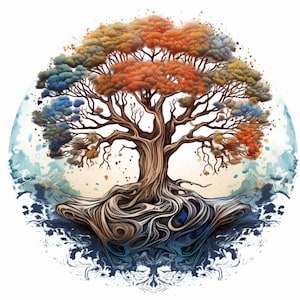 Può includere: Un'illustrazione stilizzata di un albero con radici che ricordano l'acqua vorticosa. L'albero ha rami in tonalità di blu, verde, arancione e marrone. Lo sfondo è un acquerello di blu e bianco.