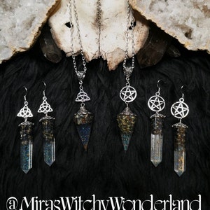 Lavender Pendulum Necklace, Obelisk Earrings - Pentagram, Witch's Knot, Witch, Witchy, Goth, Strega, Pagan, Wicca, Hagazussa, Witch, Dark Mori
