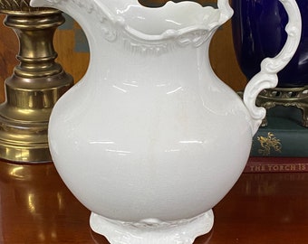 Large Antique Crown Potteries White Ironstone Pitcher~ 11 1/2” Tall