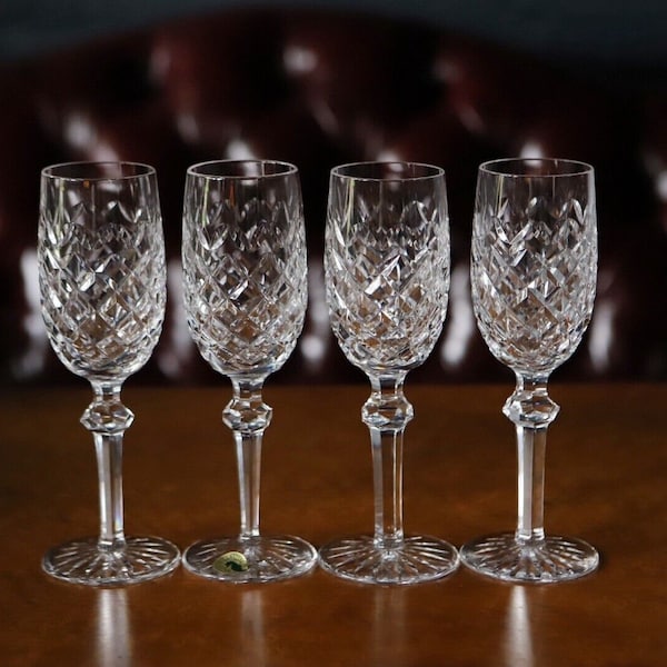 4 Vintage Waterford Crystal Powerscourt Fluted Champagne Glasses~ 8 1/8” ~ Boxed