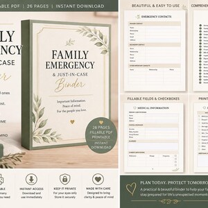 Può includere: Un set di PDF stampabili Family Emergency & Just-In-Case Binder da 26 pagine. La copertina mostra illustrazioni di foglie botaniche, testo dorato e icone a forma di cuore. Le pagine interne includono sezioni per contatti di emergenza e documenti.