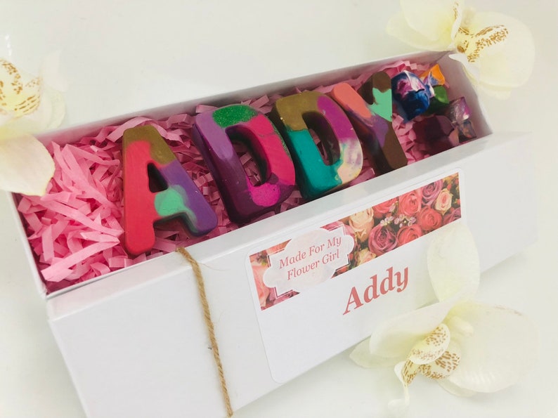 Flower girl Personalized Crayon Name in Gift Box, Flower Girl gift, flower girl favor, Wedding favors, flower girl proposal gift image 1