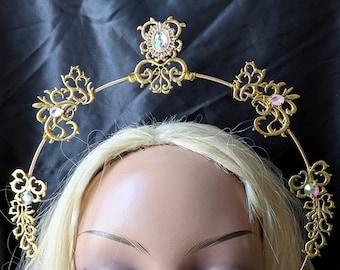 Halo Crown Tiara Gold Filigree AB Rhinestones Wedding Bridal Headpiece Festival Photoshoot Lolita Headband