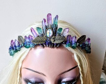 Crystal Crown Tiara Bronze Leaf Fairy Elven Crown Rainbow Aura Crystal Quartz Headband Purple Emerald Green Boho Diadem Princess Mermaid