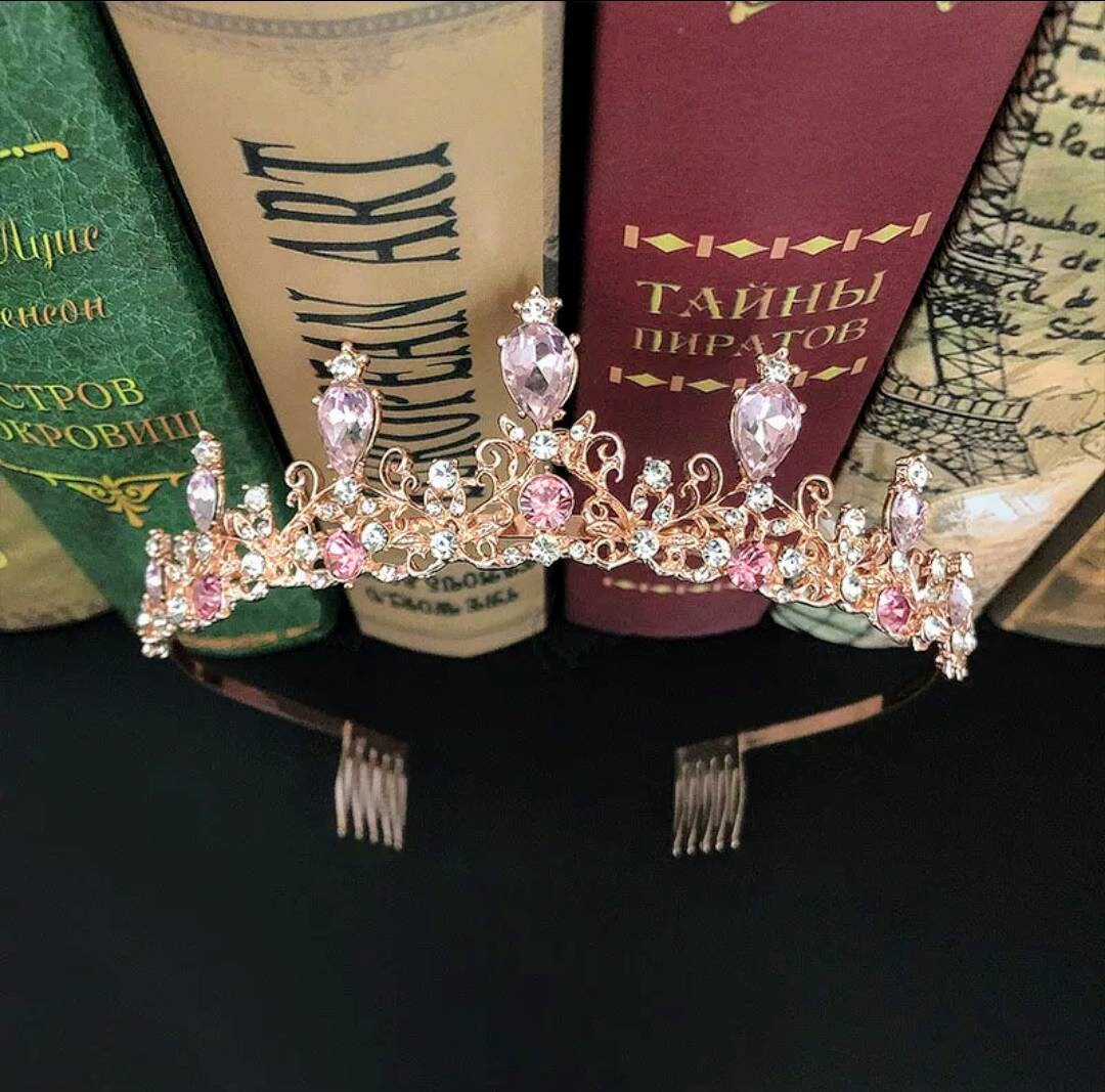 Pink Antique Gold Rhinestone Tiara Princess Bride Wedding  display picture 1