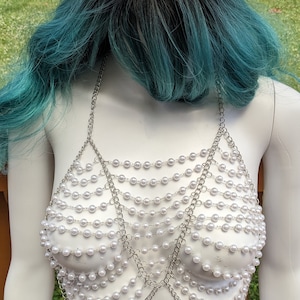 Mermaid Pearl Silver Bikini Top Chain Bra Harness Body Jewelry Festival Photoshoot Vacation Mermaidcore Halloween
