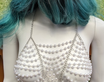 Mermaid Pearl Silver Bikini Top Chain Bra Harness Body Jewelry Festival Photoshoot Vacation Mermaidcore Halloween