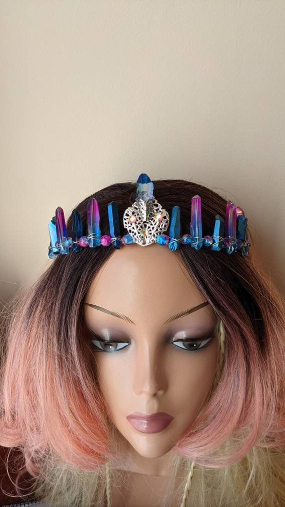 Aura Quartz Crystal Crown: Silver Filigree Purple Blue Tiara  display picture 1