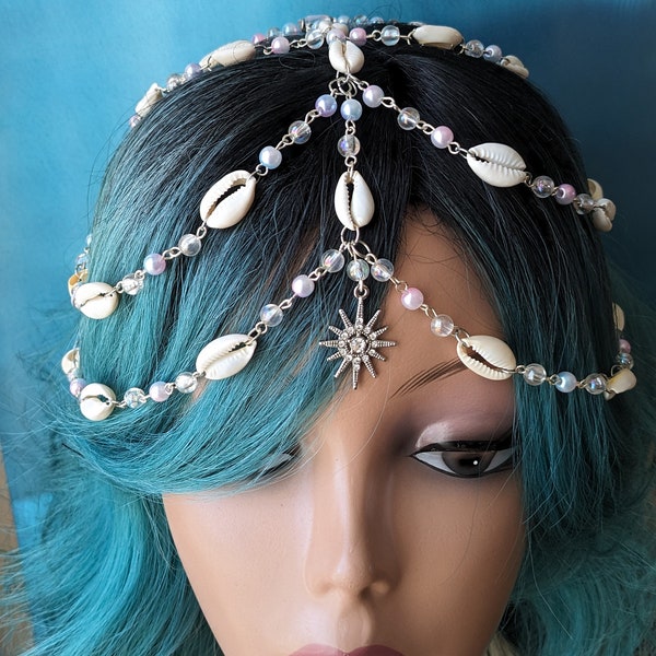 Mermaid Hair Chain Headband Cowrie Shell Pink Blue Ombre Pearls AB Rhinestone Tiara Wedding Bridal Birthday Dressup Princess Fantasy Cosplay