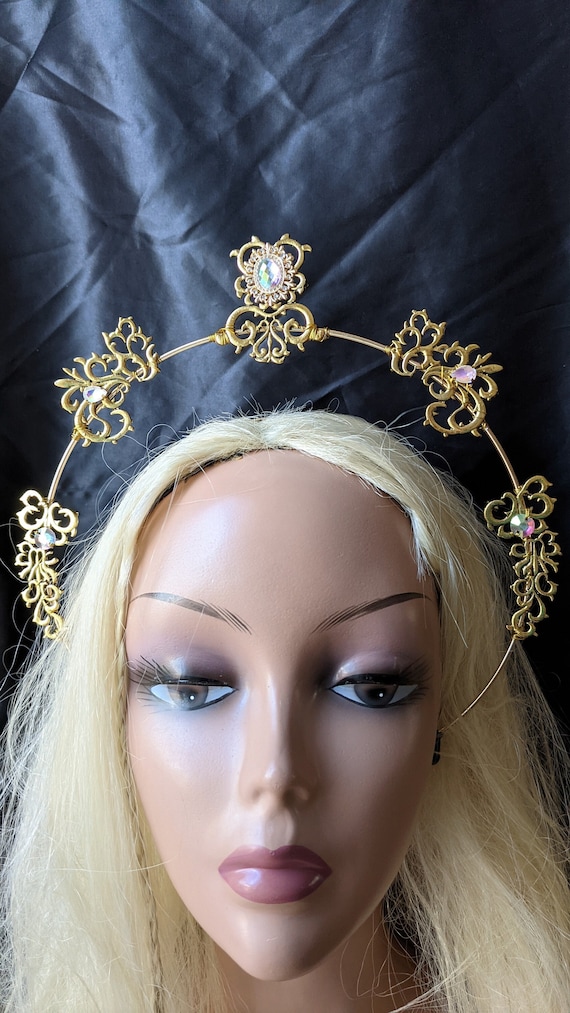 Halo Crown Tiara Gold Filigree AB Rhinestones Wedding Bridal  display picture 2