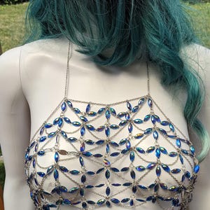 Blue Rhinestone Body Chain Holographic Iridescent AB Gem Silver Top Sexy Bra Bralette Harness Bikini Top Body Jewelry Festival Gift for Her