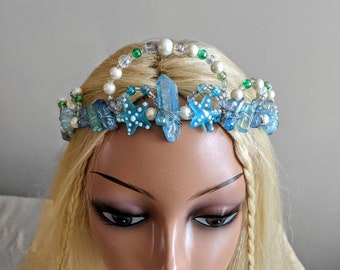 Mermaid Crystal Crown: Blue Aura Quartz Tiara with Starfish