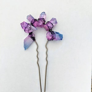 Hair Fork Pin Crystal Aura Quartz Ombre Pink Blue Purple Gradient Silver Boho Wedding Bridal Updo