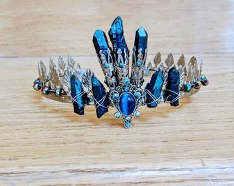 Blue Aura Quartz Crystal Crown: Witch, Bridal, Boho Headband 