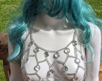 Mermaid Chain Holographic Iridescent AB Gem Silver Top Sexy Bra Harness Bikini Top Body Jewelry Festival Photoshoot Vacation Mermaidcore