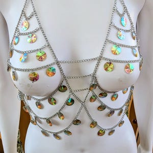 Mermaid Chain Holographic Iridescent Sequin Top Bra Harness Bikini Top Body Jewelry Festival Photoshoot Vacation Mercore Gift for Her