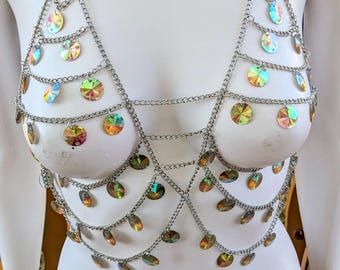 Mermaid Chain Holographic Iridescent Sequin Top Bra Harness Bikini Top Body Jewelry Festival Photoshoot Vacation Mercore Gift for Her