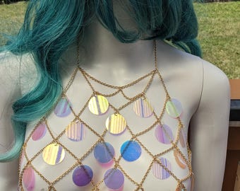 Mermaid Body Chain Holographic Iridescent Sequin Top Bra Harness Bikini Top Body Jewelry Festival Vacation Mercore Halloween Gift for Her