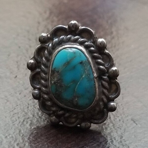 Vintage rare un-signed turquoise bell trading post sterling silver ring size 3.75