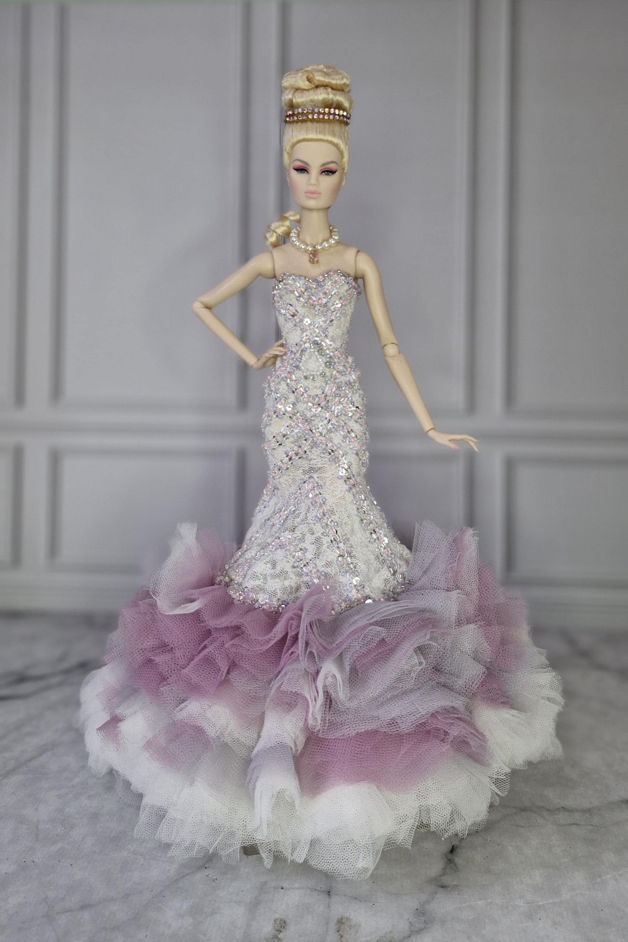 OOAK white Purple violet pink full beaded ruffle tulle mermaid handmade dress Barbie Fashion Royalty  Silkstone Poppy Parker 1:6 doll