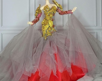2 styles OOAK Glamorous floral 3d print golden bead tulle handmade Queen gown dress Barbie Fashion Royalty  Silkstone Poppy Parker 1:6 doll