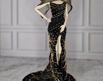 OOAK royal black gold full beaded velvet tulle handmade dress Barbie Fashion Royalty  Silkstone Poppy Parker 1:6 doll