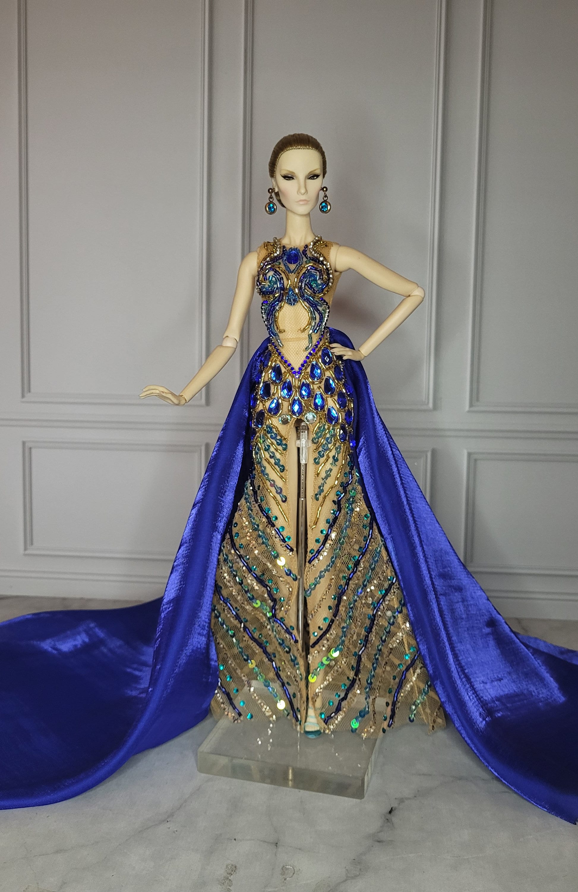 Glamor Blue Peacock Full Beaded Rhinestones Tulle Handmade Dress