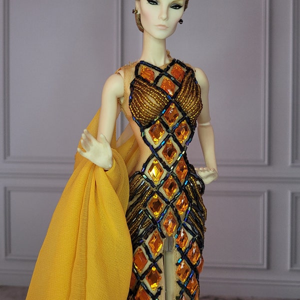 OOAK Glamor bronze orange gold full beaded diamond rhinestones tulle handmade dress Barbie Fashion Royalty  Silkstone Poppy Parker 1:6 doll