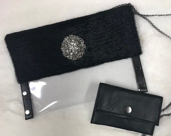 Crossbody Shoulder Stadium Bag with Clear Vinyl, Hair-on-Hide Leather, Antique Silver Crystal Embellishment, Wallet, Black Leather, Gunmetal