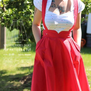 Könnte beinhalten: Ein roter Vintage-Panelrock mit weißen Punkten. Der Rock hat zwei Taschen und wird mit einem weißen Oberteil mit roten Herzen getragen. Der Text auf dem Bild lautet "Vintage Panel Skirt PDF Pattern & Tut, Größe 32-60, Stoff gewebt".