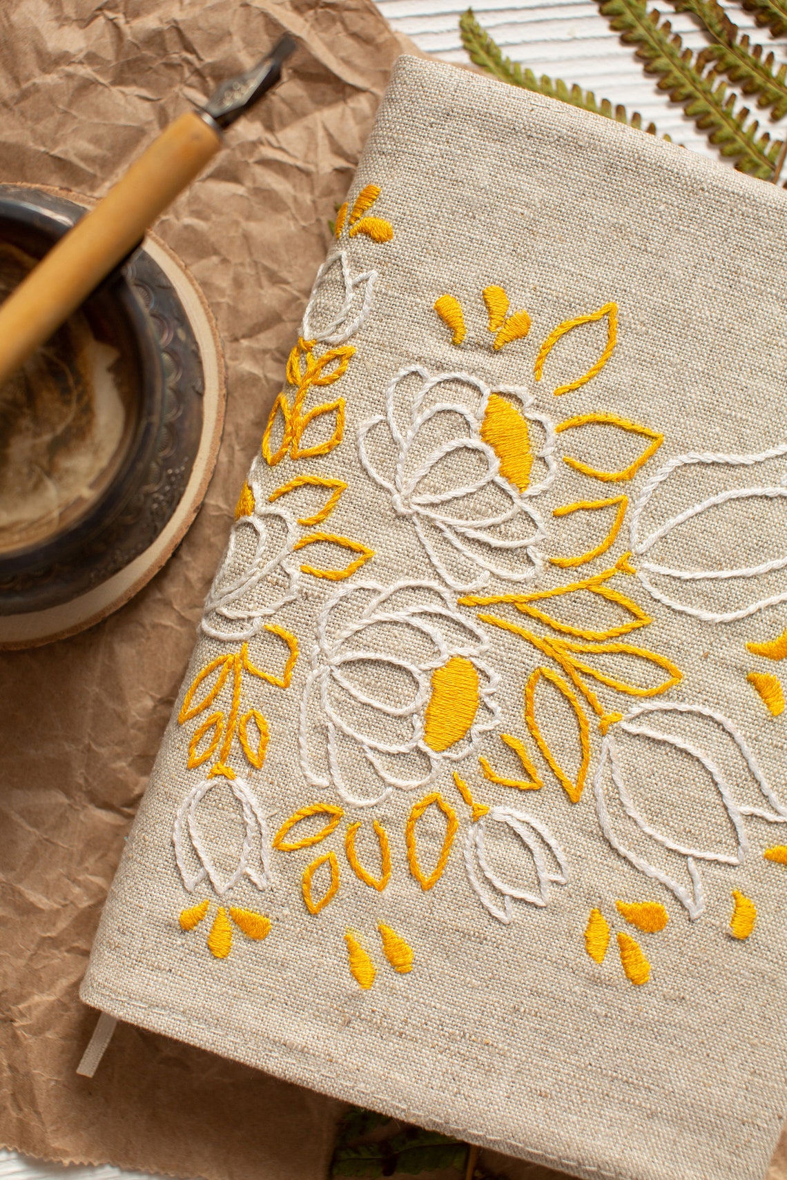 Linen journal with embroidery Fabric covered floral Etsy