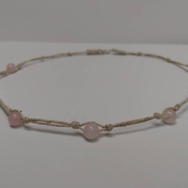 Rose quartz choker, hemp choker, hemp necklace, hemp jewelry, handcrafted natural gemstone jewelry, summer/ beach jewelry