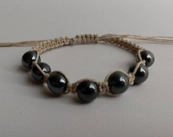 Hematite hemp bracelet, gemstone jewelry,  handcrafted, adjustable, natural, hemp, minimalist jewelry,