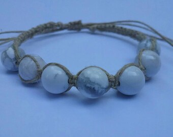 Howlite hemp bracelet, gemstone, natural gemstone bracelet, natural hemp bracelet, handcrafted, women&#39;s jewelry, adjustable, minimalist,
