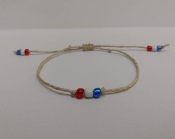 4th July hemp bracelet, glass beaded - Patriotic - American flag - Red white blue -