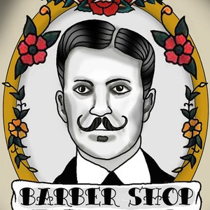 Puede incluir: Ilustración de estilo vintage para una barbería. Presenta a un hombre con bigote enmarcado en un óvalo dorado, adornado con rosas rojas y hojas verdes. Las palabras "BARBER SHOP" y "Gentlemen's" se muestran en una pancarta.