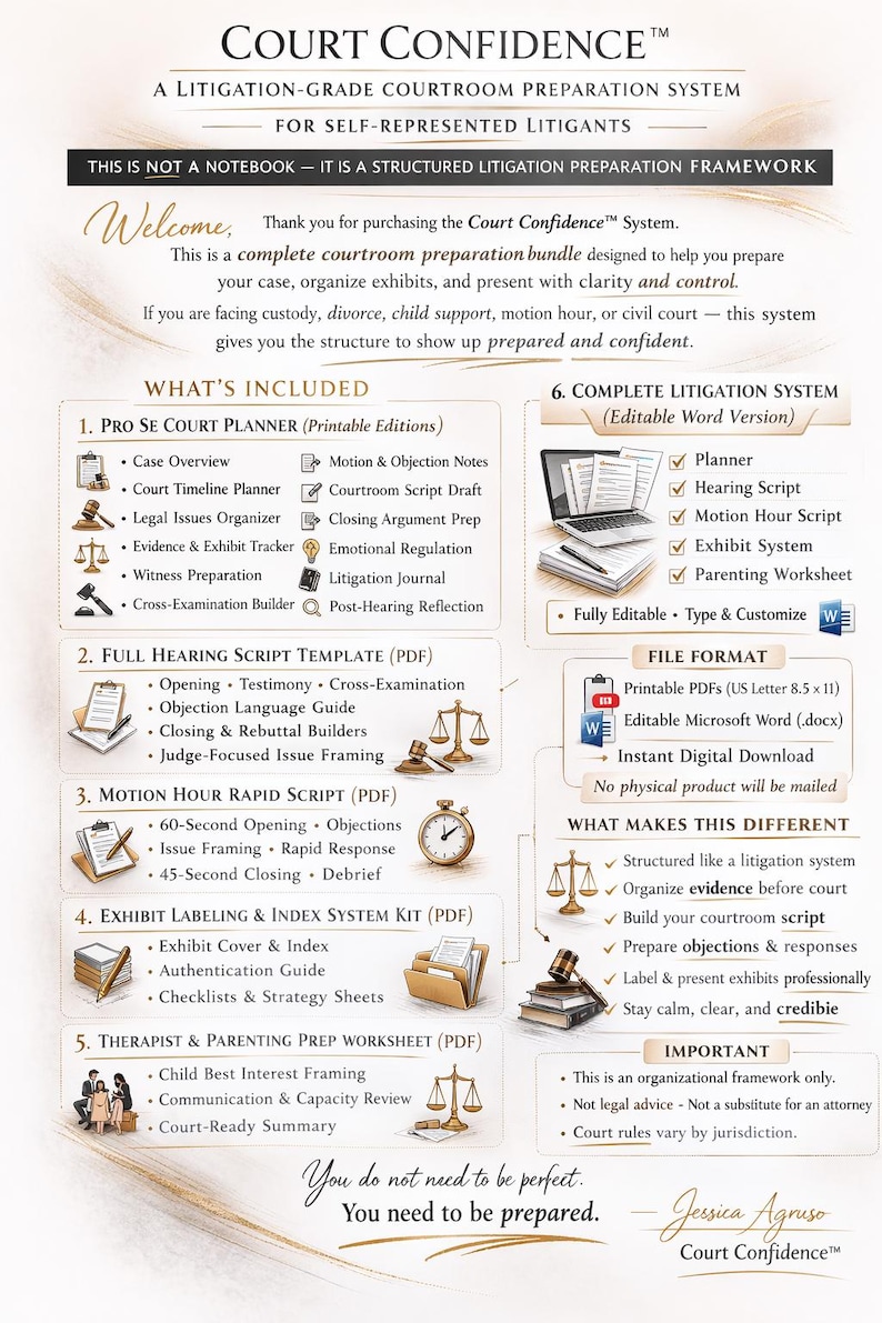 Litigation Kit Pro Se Court Planner | Custody Hearing Prep Workbook | Family Court ...
