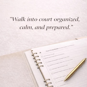 Könnte beinhalten: Ein Notizbuch mit Spiralbindung und einem goldenen Stift. Die Seiten des Notizbuchs sind mit Kontrollkästchen gefüllt. Der Text "Walk into court organized, calm, and prepared" steht oben.
