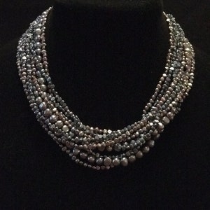 Vintage 10 Strand Peacock Cultured Pearl Beaded Necklace with Sterling Clasp with  safety and large Mabe Pearl Closure!