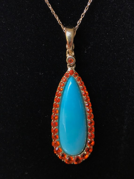 Exquisite 14 K Gold Turquoise and Fire Opal penda… - image 1