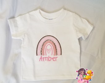 Boho Rainbow Girl's Valentine's Day T-shirt |Valentine's Day Shirt | Personalized T-shirt | 100% Cotton | Embroidered | Pink & Brown Rainbow
