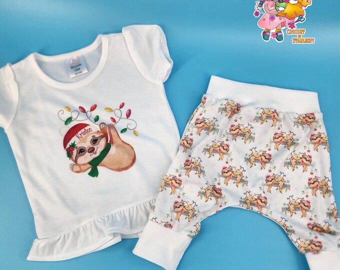 Christmas Sloths Pants and Short Sleeve Ruffle Bottom Shirt Set | Christmas Lounge Pants | Sloths with Holiday Lights | Personalized Shirt