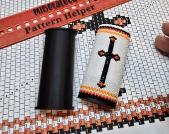 Orange and Black Cross Themed Beaded Lighter Cover DIY Kit | Peyote Stitch Pattern |  Chart & Pattern Helper Ruler | Pattern Chart Kit